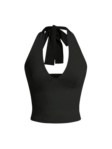 GORGLITTER Damen Bauchfrei Crop Top Neckholder Sommertop Ärmllos Casualtop Rückenfrei Croptop Festival Outfit Partytop Sommer Tops Schwarz M von GORGLITTER