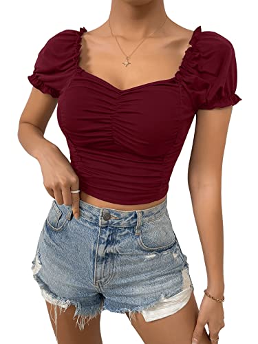 GORGLITTER Damen Bauchfrei Oberteil Crop T-Shirt Herzausschnitt Tops Kurzarmshirt mit Puffärmeln Bordeaux M von GORGLITTER