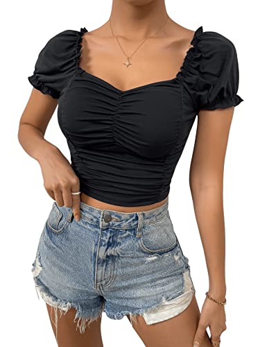 GORGLITTER Damen Bauchfrei Oberteil Crop T-Shirt Herzausschnitt Tops Kurzarmshirt mit Puffärmeln Schwarz L von GORGLITTER