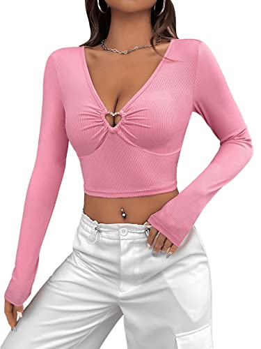 GORGLITTER Damen Bauchfrei Oberteil Crop T-Shirt Tiefer V-Ausschnitt Top mit Herz Ring Rosa M von GORGLITTER