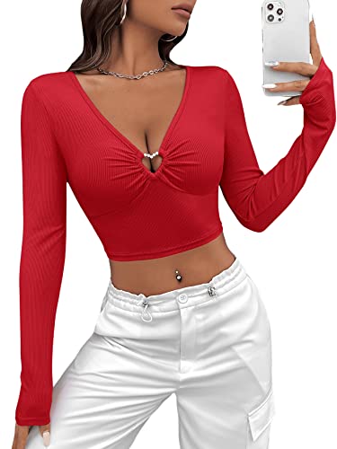 GORGLITTER Damen Bauchfrei Oberteil Crop T-Shirt Tiefer V-Ausschnitt Top mit Herz Ring Rot L von GORGLITTER