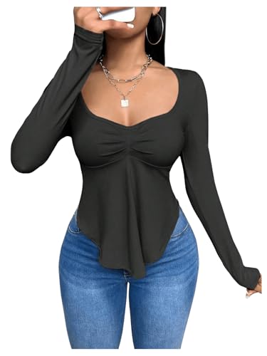 GORGLITTER Damen Bauchfrei Oberteil Crop Top Asymmetrisch T-Shirt Langarm Top Herbst Tshirt Langarmshirt Schwarz S GORGLITTER Damen Bauchfrei Oberteil Crop Top Asymmetrisch T-Shirt Langarm Top Herbst Tshirt Langarmshirt Schwarz S von GORGLITTER