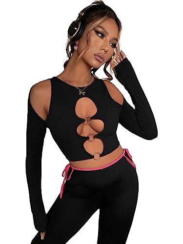 GORGLITTER Damen Bauchfrei Oberteil Cut Outs Crop Top Langarm T-Shirt Cropped Pullover Rundkragen Tops Herbstshirts mit O-Ring Schwarz M von GORGLITTER