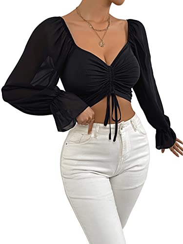 GORGLITTER Bauchfrei Oberteil Damen Crop Top Langarm Durchsichtig Tops Herzausschnitt Langarmshirt mit Tunnelzug Schwarz L von GORGLITTER