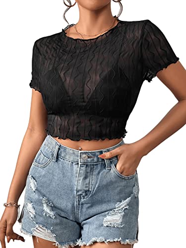 GORGLITTER Damen Bauchfrei Oberteil Rundkragen Mesh Crop Top Kurz Tops mit Wellensaum Schwarz M von GORGLITTER