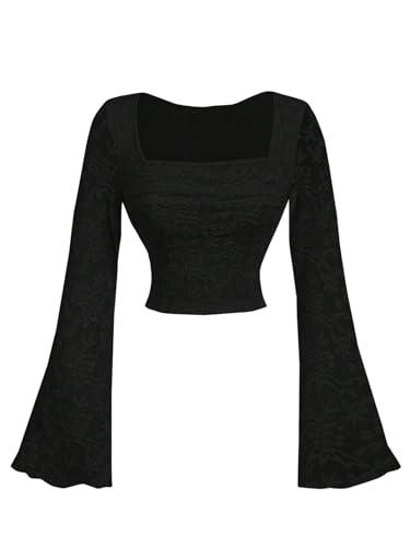 GORGLITTER Damen Bauchfrei Oberteil Spitze Langarm Tshirt Mesh Top Elegant Transparent Langarmshirt Y2k Crop Top Spitzentop Party Outfit Schwarz M von GORGLITTER