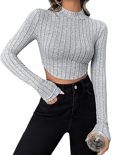 GORGLITTER Damen Bauchfrei Oberteil Stehkragen Langarmshirt Basic T-Shirt Rippenstrick Tops mit Asymmetrischem Saum Grau L von GORGLITTER