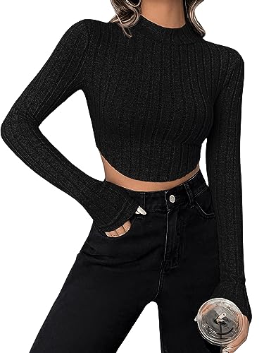 GORGLITTER Damen Bauchfrei Oberteil Stehkragen Langarmshirt Basic T-Shirt Rippenstrick Tops mit Asymmetrischem Saum Schwarz S von GORGLITTER