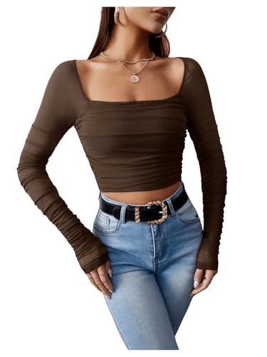 GORGLITTER Damen Bauchfrei Oberteil U-Ausschnitt Crop Top Elegant Rüschen Mesh Tops Cropped Langarmshirt Schokoladenbraun L von GORGLITTER
