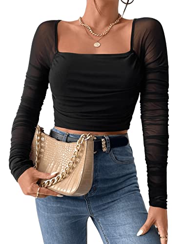 GORGLITTER Damen Bauchfrei Oberteil U-Ausschnitt Crop Top Elegant Rüschen Mesh Tops Cropped Langarmshirt Schwarz S von GORGLITTER