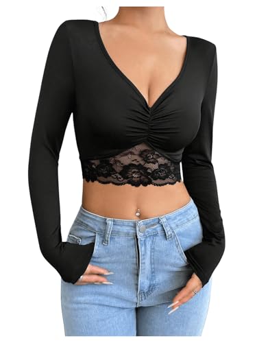 GORGLITTER Damen Bauchfrei Oberteil V-Ausschnitt Crop Top Elegant Langarm Tshirt Cropped Langarmshirt mit Spitzen Schwarz M von GORGLITTER
