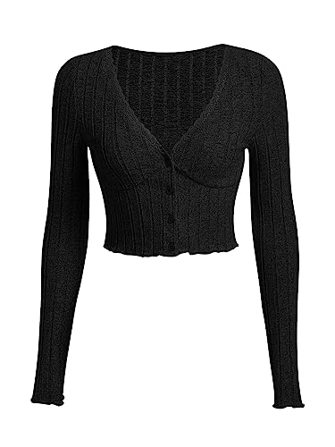 GORGLITTER Langarmshirt Damen Bauchfrei Oberteil Crop Leicht Cardigan Langarm T-Shirt mit Spitzen V-Ausschnitt Schwarz L von GORGLITTER