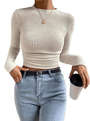 GORGLITTER Damen Bauchfrei Oberteil Waffelstrick Crop Top Langarm T-Shirt Cropped Pullover Basic Tops Herbstshirts Beige L von GORGLITTER