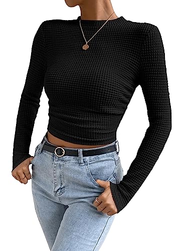 GORGLITTER Damen Bauchfrei Oberteil Waffelstrick Crop Top Langarm T-Shirt Cropped Pullover Basic Tops Herbstshirts Schwarz L von GORGLITTER