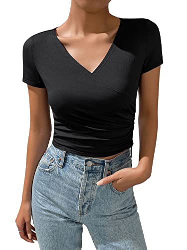 GORGLITTER Damen Bauchfrei Oberteil Wrap Crop Top Kurzarmshirt V Ausschnitt Cropped T-Shirt Schwarz L von GORGLITTER