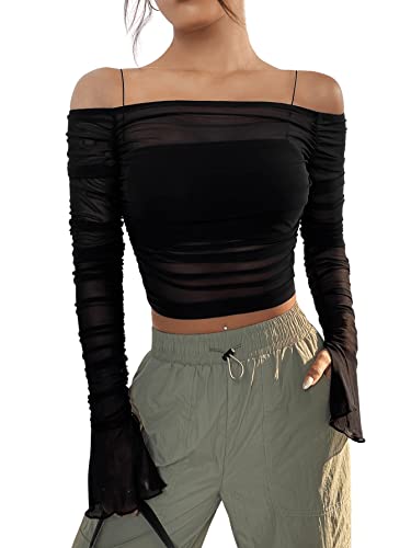 GORGLITTER Damen Bauchfrei Oberteile Transparentes Langarmshirt Durchsichtig Croppes Shirts Schulterfrei Tops mit Volant Ärmel Schwarz S von GORGLITTER