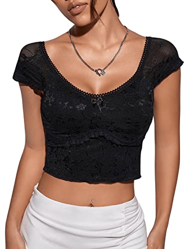 GORGLITTER Damen Bauchfrei Oberteile U-Ausschnitt Crop Top Kurzarmshirt Casual Cropped T-Shirt mit Spitzen Schwarz XS von GORGLITTER