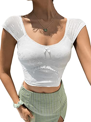 GORGLITTER Damen Bauchfrei Oberteile U-Ausschnitt Crop Top Kurzarmshirt Casual Cropped T-Shirt mit Spitzen Weiß L von GORGLITTER