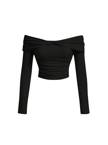 GORGLITTER Damen Bauchfrei Pollover Off Shoulder Crop Pulli Langarmshirt Stretch Kurz Oberteil mit Twist vorne Schwarz S von GORGLITTER