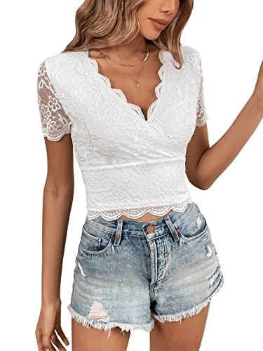 GORGLITTER Damen Bauchfrei Spitzentop V-Ausschnitt Kurzarm Oberteil Crop Top mit Muscheln Weiß L von GORGLITTER