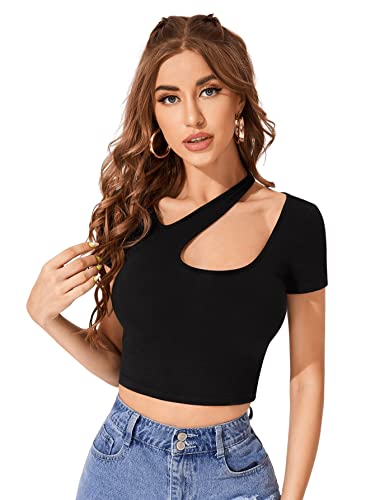 GORGLITTER Damen Bauchfrei T-Shirt Cut Outs Oberteile Crop Top Kurzarmshirts Tops mit Asymmetrischer Ausschnitt Schwarz XS von GORGLITTER