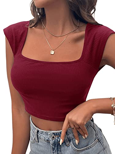 GORGLITTER Damen Bauchfrei T-Shirt Rippenstrick Oberteile Crop Top Kurzarmshirts Tops Bordeaux S von GORGLITTER