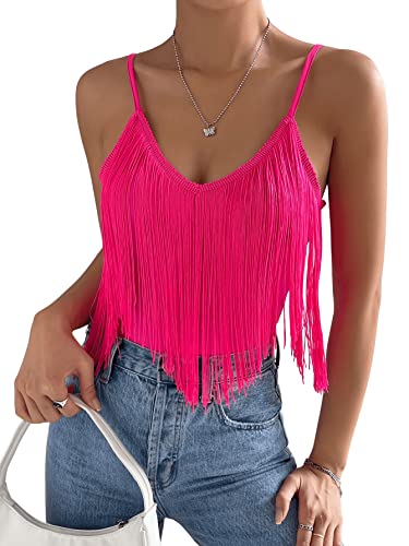 GORGLITTER Damen Bauchfrei Tops Fransen Crop Top Spaghettiträger Camisole Cropped Oberteil Heißes Pink L von GORGLITTER