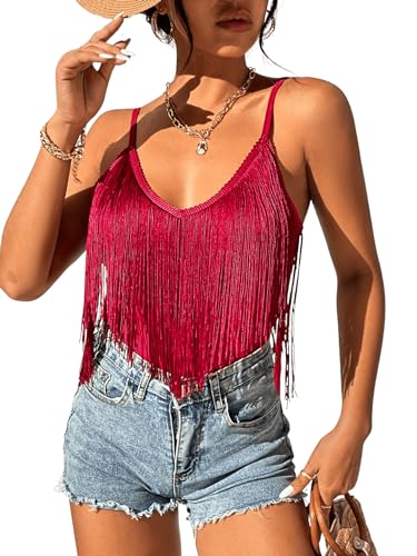 GORGLITTER Damen Bauchfrei Tops Fransen Crop Top Spaghettiträger Camisole Cropped Oberteil Karminrot L von GORGLITTER