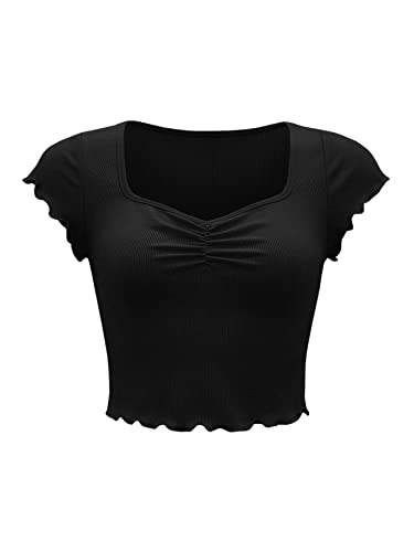 GORGLITTER Damen Bauchfrei Tops Herzausschnitt Crop Top Kurz Oberteil Flügelärmel Kurzarmshirt mit Wellensaum Schwarz L von GORGLITTER