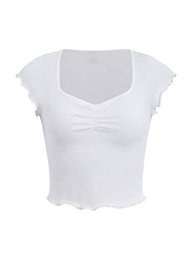 GORGLITTER Damen Bauchfrei Tops Herzausschnitt Crop Top Kurz Oberteil Flügelärmel Kurzarmshirt mit Wellensaum Weiß L von GORGLITTER