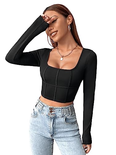 GORGLITTER Damen Bauchfrei Tops U-Ausschnitt Crop Top Oberteil Langarm T-Shirts Slim Fit Shirt Herbstshirts Schwarz L von GORGLITTER