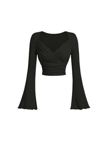 GORGLITTER Damen Bauchfreie Oberteile Langarm Tshirt Ausgestellter Ärmel Crop Top Lanngarmshirts mit Glockenärmel Schwarz XS von GORGLITTER