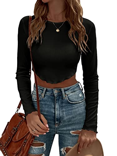 GORGLITTER Damen Bauchfreies Oberteil Asymmetrisch Langarmshirts Crop Top Herbstshirt mit Wellensaum Schwarz M von GORGLITTER