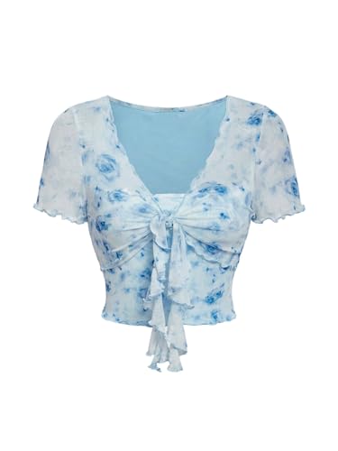GORGLITTER Damen Bauchfreies Oberteil Crop Top Kurzarmshirt V Ausschnitt T-Shirts Blumen Sommershirt mit Knoten Blau L von GORGLITTER