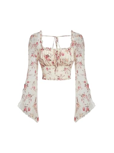 GORGLITTER Damen Bauchfreies Oberteil Crop Top mit Blumenmuster Eckiger Ausschnitt Langarmshirt Blumen Herbstshirt mit Volant Ärmel Aprikosenfarben L von GORGLITTER