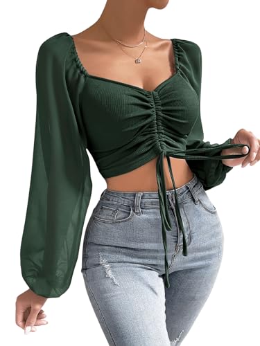 GORGLITTER Damen Bauchfreies Oberteil Durchsichtig Ärmel Crop Top Langarmshirt Herzausschnitt Kurz Tops mit Tunnelzug Dunkelgrün L von GORGLITTER