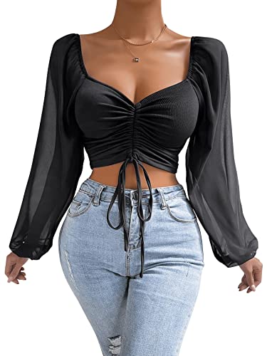 GORGLITTER Damen Bauchfreies Oberteil Durchsichtig Ärmel Crop Top Langarmshirt Herzausschnitt Kurz Tops mit Tunnelzug Schwarz M von GORGLITTER