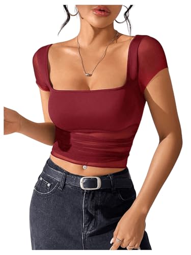 GORGLITTER Damen Bauchfreies Oberteil Mesh Crop Tops Kurzarmshirt U-Ausschnitt Cropped T-Shirt mit Durchsichtigem Netz Bordeaux M von GORGLITTER