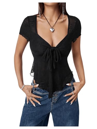 GORGLITTER Damen Bauchfreies Oberteil Tiefer V Ausschnitt T-Shirts Kurz Sommershirt Kurzarmshirt mit Knoten Schwarz XS GORGLITTER Damen Bauchfreies Oberteil Tiefer V Ausschnitt T-Shirts Kurz Sommershirt Kurzarmshirt mit Knoten Schwarz XS von GORGLITTER