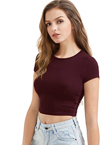 GORGLITTER Damen Bauchfreies T-Shirt Crop Tops Kurzarm Shirt Rundhals Sommershirts Oberteile Casual Kurz Top Bordeaux M von GORGLITTER