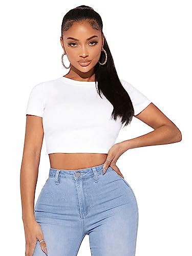 GORGLITTER Damen Bauchfreies T-Shirt Crop Tops Kurzarm Shirt Rundhals Sommershirts Oberteile Casual Kurz Top Weiß L von GORGLITTER