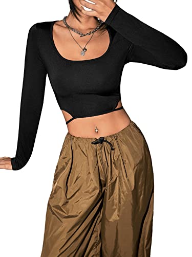 GORGLITTER Damen Bauchfreies T-Shirt Cut Outs U-Ausschnitt Crop Top Langarm Oberteil Cropped Shirts Kurz Tops Schwarz L von GORGLITTER