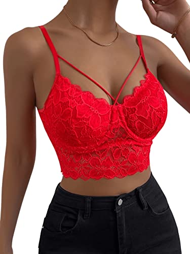 GORGLITTER Damen Bauchfreies Top Spitzen Camisole Crop Tops Spitzentop Cut Outs Bralettes Spaghettiträger Cropped Oberteil Rot S von GORGLITTER