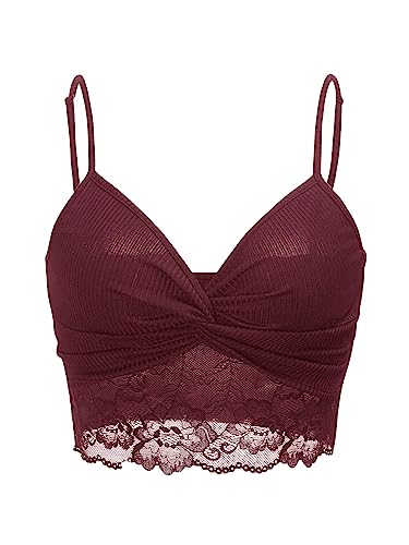 GORGLITTER Damen Bauchfreies Top Spitzen Camisole Crop Tops Spitzentop Spaghettiträger Cropped Oberteil mit Twist vorne Bordeaux L von GORGLITTER