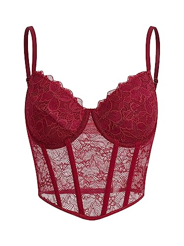 GORGLITTER Damen Bauchfreies Top Spitzen Crop Tops Spitzentop Asymmetrisch Bralettes Spaghettiträger Cropped Oberteil Bordeaux L von GORGLITTER