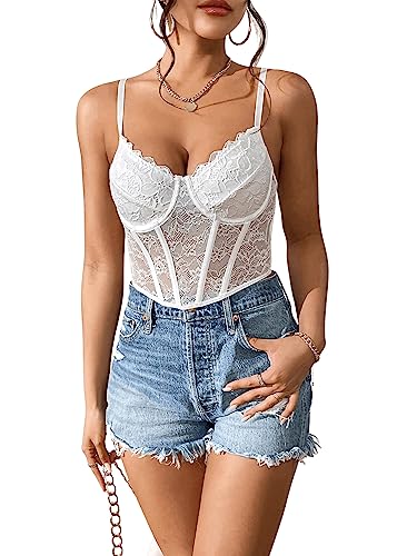 GORGLITTER Damen Bauchfreies Top Spitzen Crop Tops Spitzentop Asymmetrisch Bralettes Spaghettiträger Cropped Oberteil Weiß S von GORGLITTER