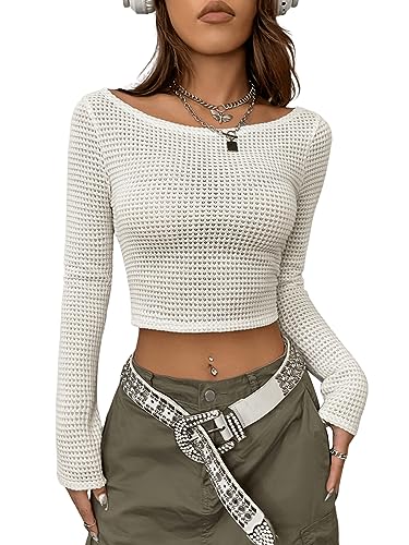 GORGLITTER Damen Bauchfreies Top U-Boot Ausschnitt Crop Tops Basic Cropped Langarmshirt Beige L von GORGLITTER