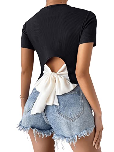 GORGLITTER Damen Bauchfreies Tops Rundhals Crop Top Kurzarm Oberteil Cropped T-Shirt mit Schleife Schwarz und Weiß L von GORGLITTER