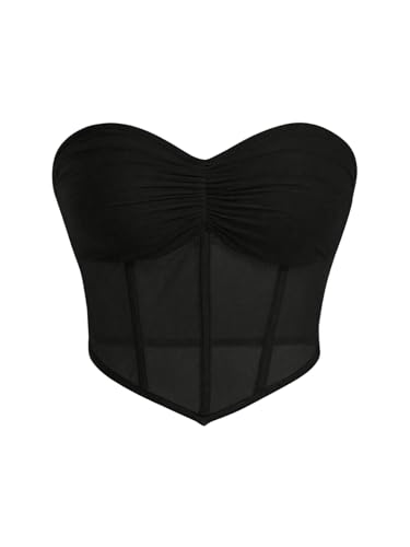 GORGLITTER Damen Bauchweg Tube Top Mesh Trägerlose Tops Asymmetrisch Schulterfrei Korsett Top mit Durchsichtiges Netz Schwarz S von GORGLITTER