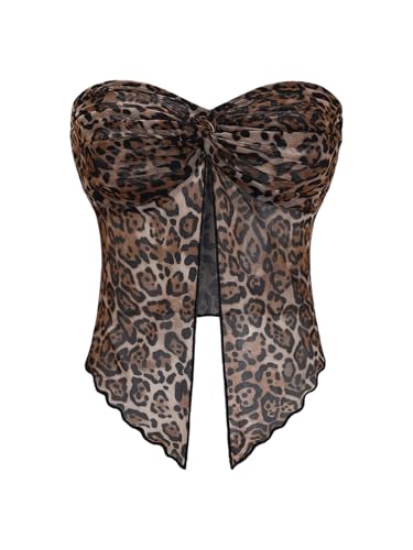 GORGLITTER Damen Bauchweg Tube Top Trägerlose Tops Asymmetrisch Schulterfrei Bandeau-Top mit Leopardenmuster Braun M von GORGLITTER